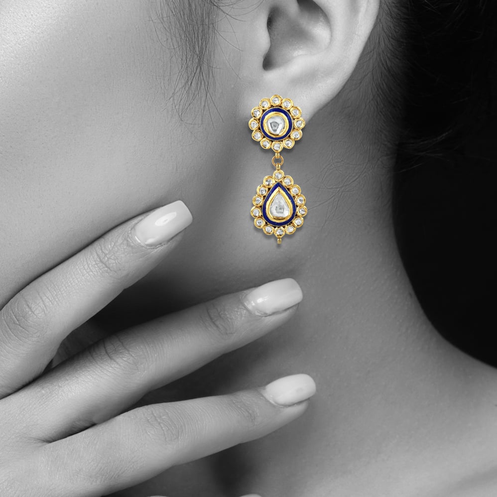Polki Earrings with Blue Enamel and Drop